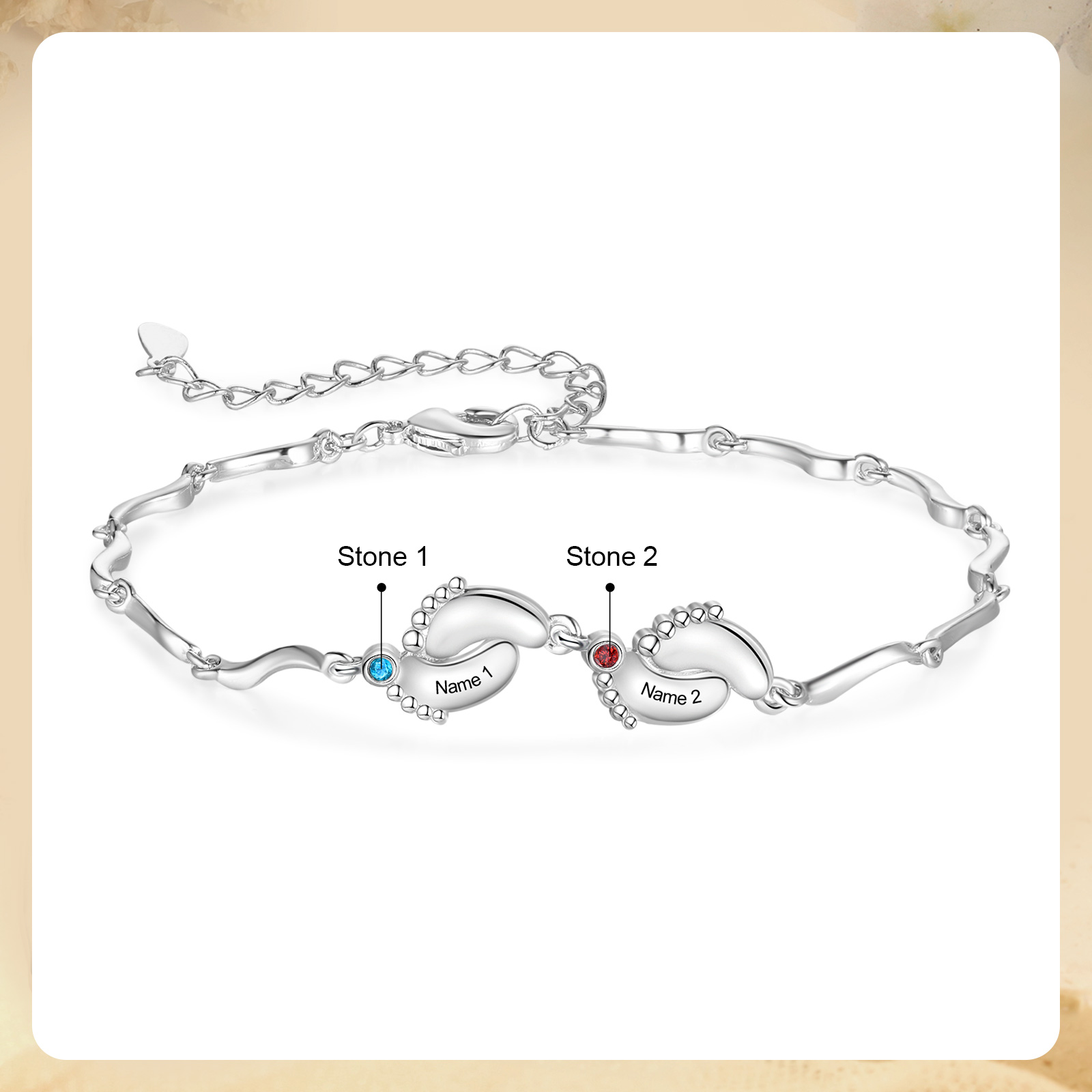 Personalised Baby Feet Bracelet Custom 2 Birthstones & 2 Names Adjustable Bracelet Gift for Her-Jessemade AU