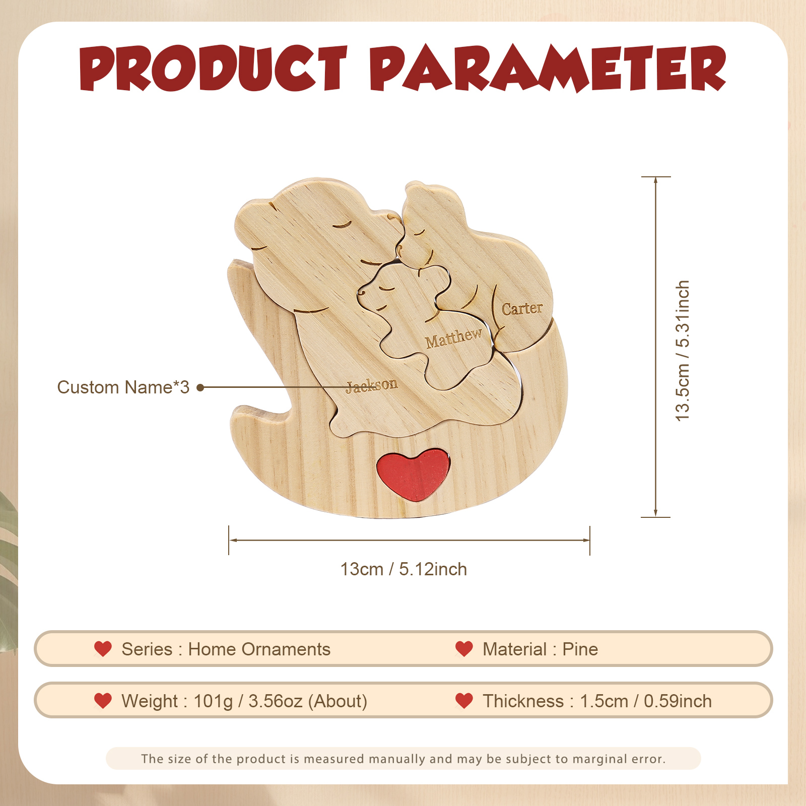 Personalised Wooden Bear Family Puzzles Custom 3 Names Animal Heart Ornaments Fathers Day Gifts-Jessemade AU