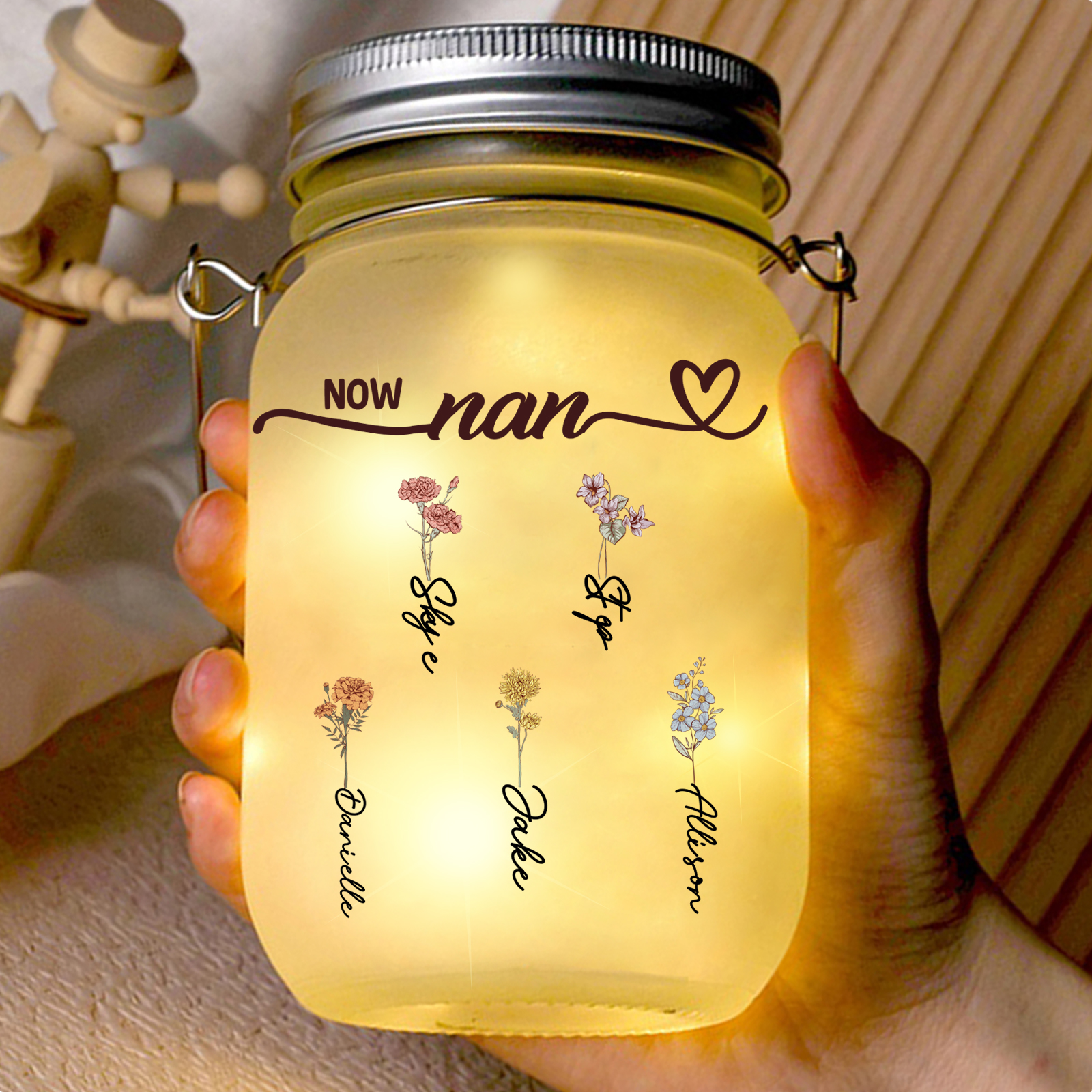 Personalised Light-Up Bottle, Solar Light Jar with 2 to 12 Birth Flowers – First Mum, Now Grandma