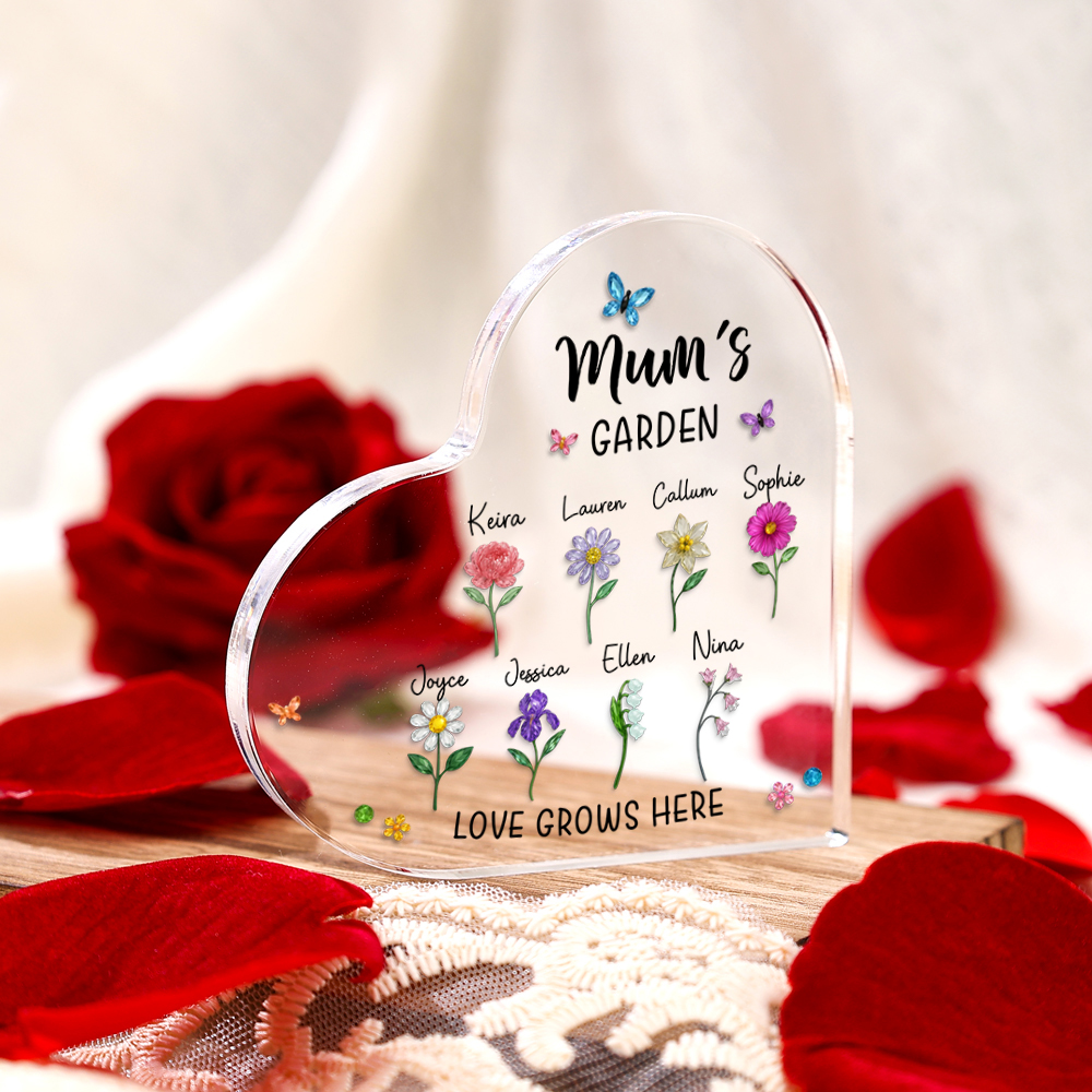 Personalised heart-shaped acrylic gift Grandma’s Garden 1–10 names and birth flowers Grandmother’s Day from the grandchildren | Jessemade