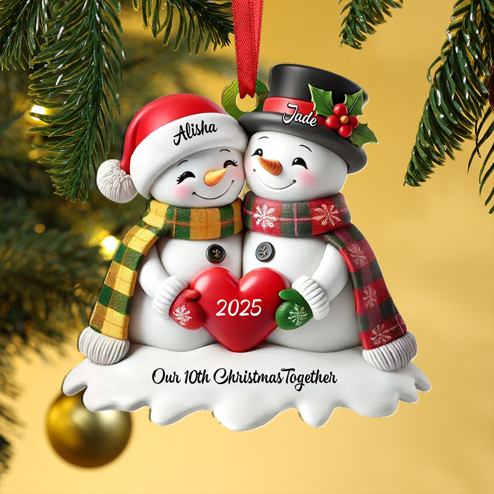 Customisable Heart Snowman Couple Christmas Tree Decoration