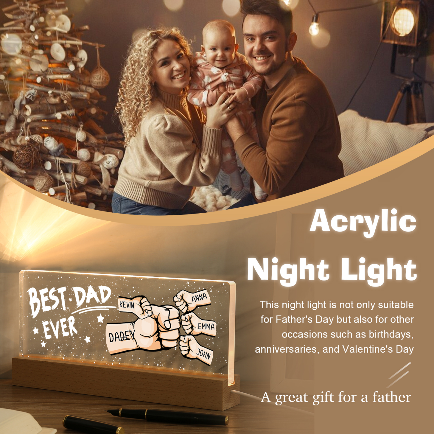 Best Dad Ever - Personalised 5 Names Acrylic Night Light Custom Fist Bump LED Lamp Fathers Day Gifts-Jessemade AU
