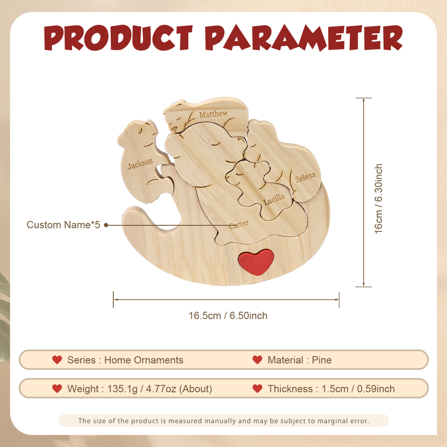Personalised Wooden Bear Family Puzzles Custom 5 Names Animal Heart Ornaments Fathers Day Gifts-Jessemade AU