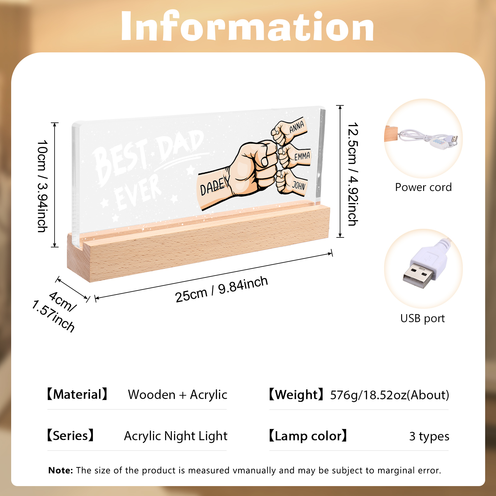Best Dad Ever - Personalised 4 Names Acrylic Night Light Custom Fist Bump LED Lamp Fathers Day Gifts-Jessemade AU