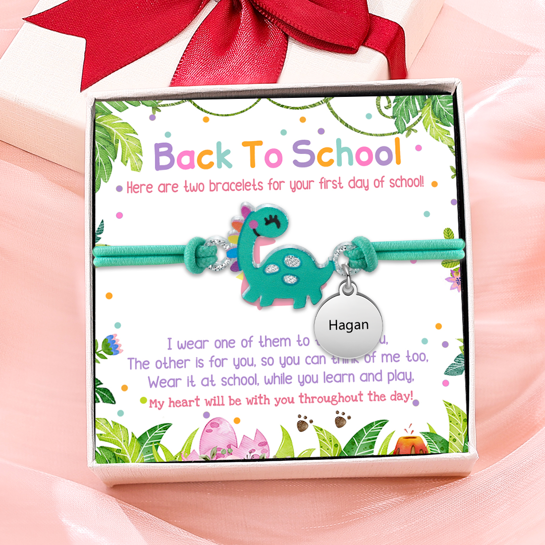 2 Pcs Bracelet Set Custom Names Green Dinosaur Charm Hair Ties Back To School Gift for Kids - My Heart Will Be With You Throughout The Day
