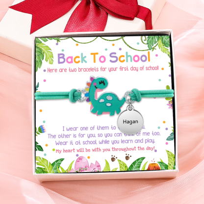 2 Pcs Bracelet Set Custom Names Green Dinosaur Charm Hair Ties Back To School Gift for Kids - My Heart Will Be With You Throughout The Day-Jessemade AU