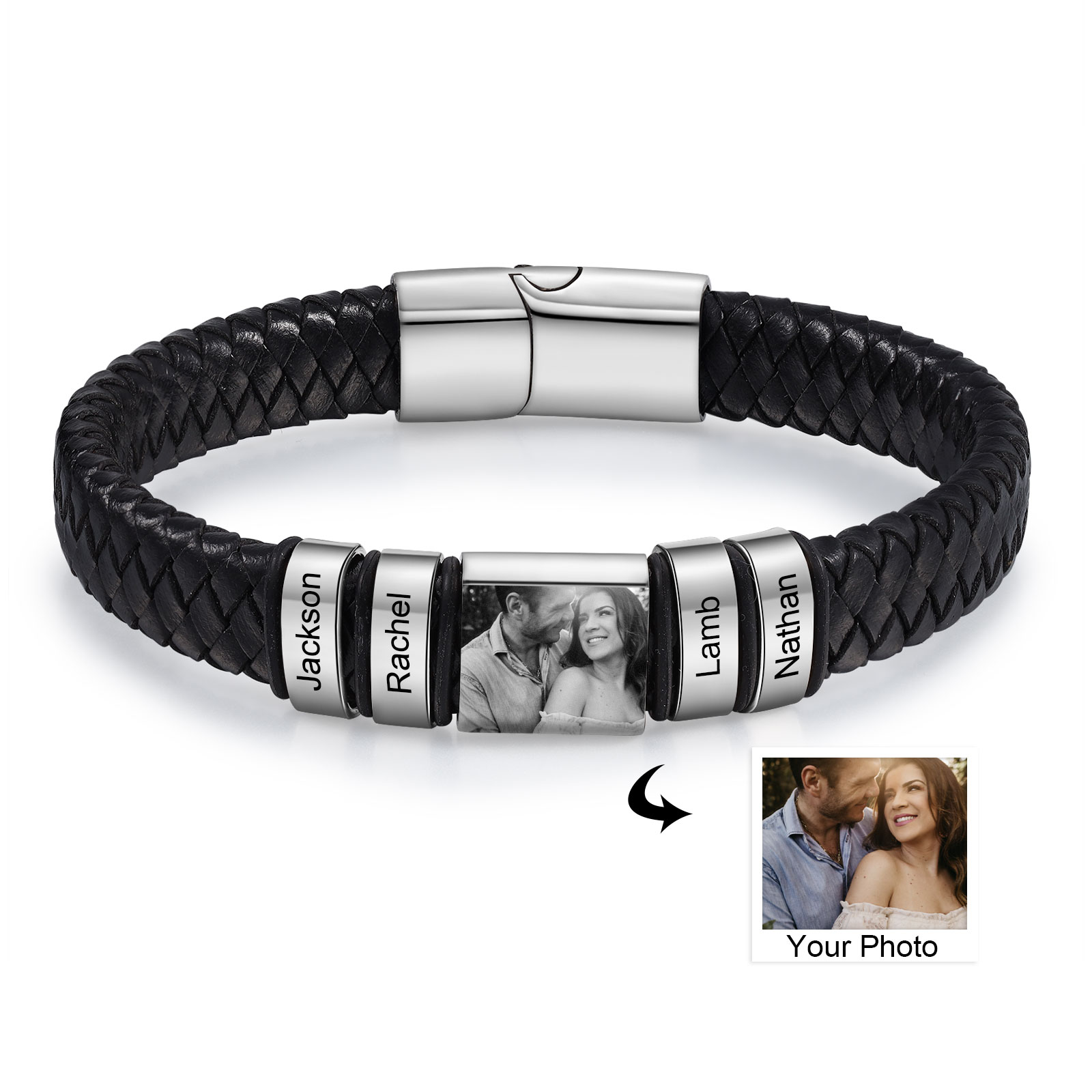 4 Names-Vintage Men's Bracelet Engraved Beads Leather Bracelet Gift for Father's Day