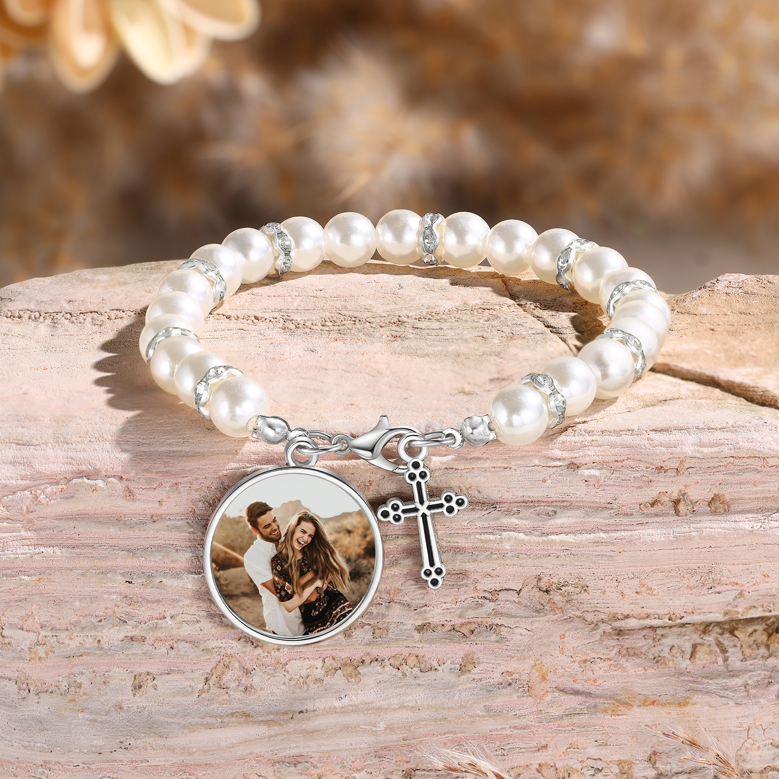 Personalised Rosary Memorial Bracelet Custom with Photo and Cross Pendant