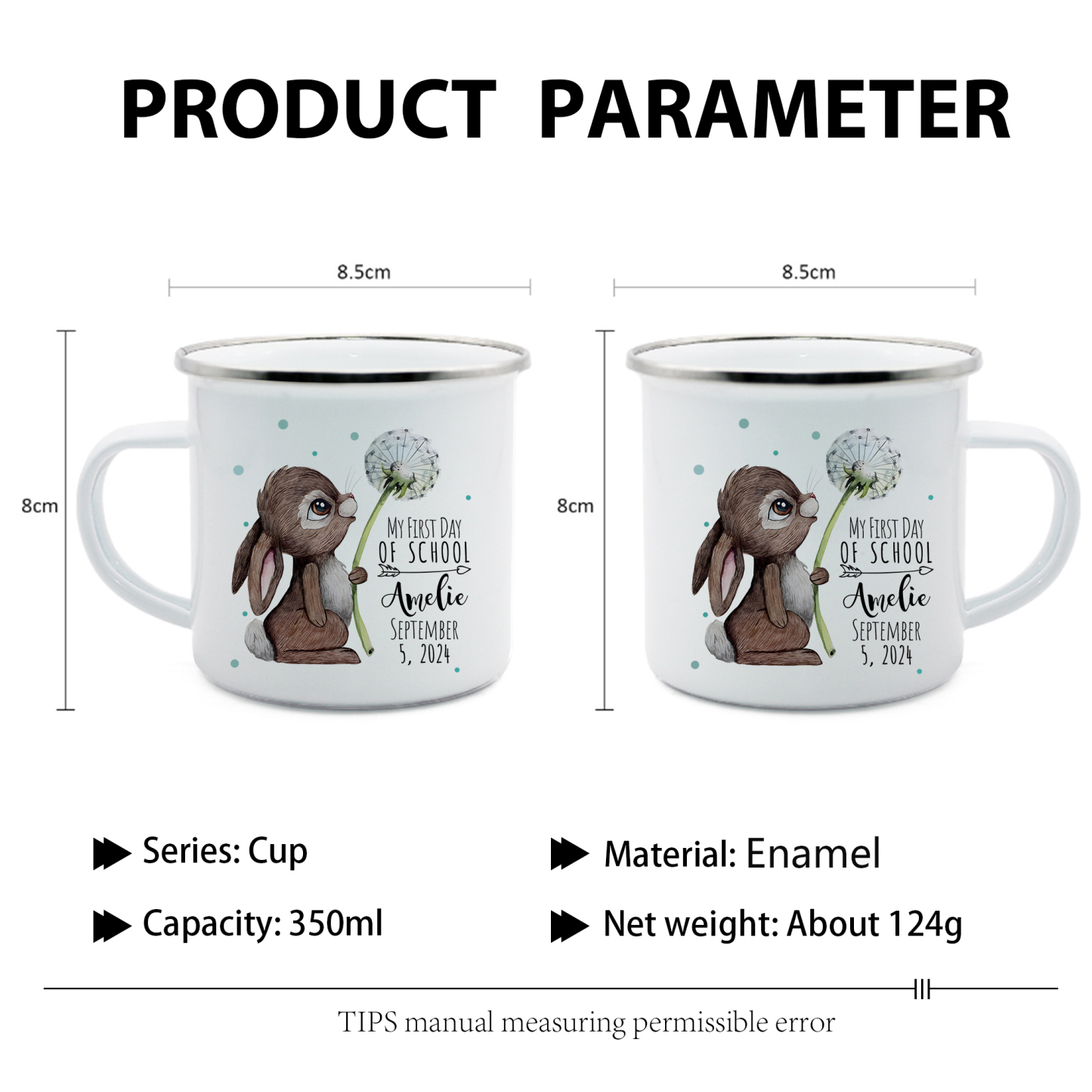 Personalised Enamel Mug Custom Name & Date Bunny Dandelion Cup Back to School Gift for Kids - My First Day Of School-Jessemade AU