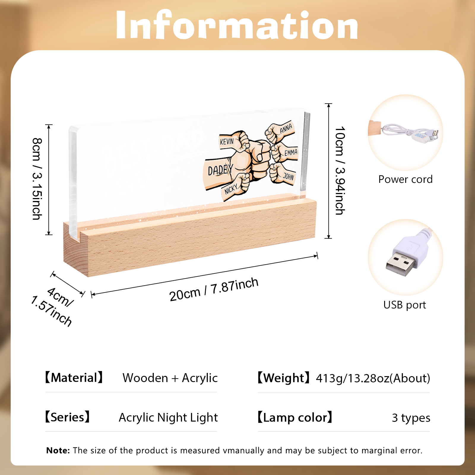 Best Dad Ever - Personalised 6 Names Acrylic Night Light Custom Fist Bump LED Lamp Fathers Day Gifts-Jessemade AU