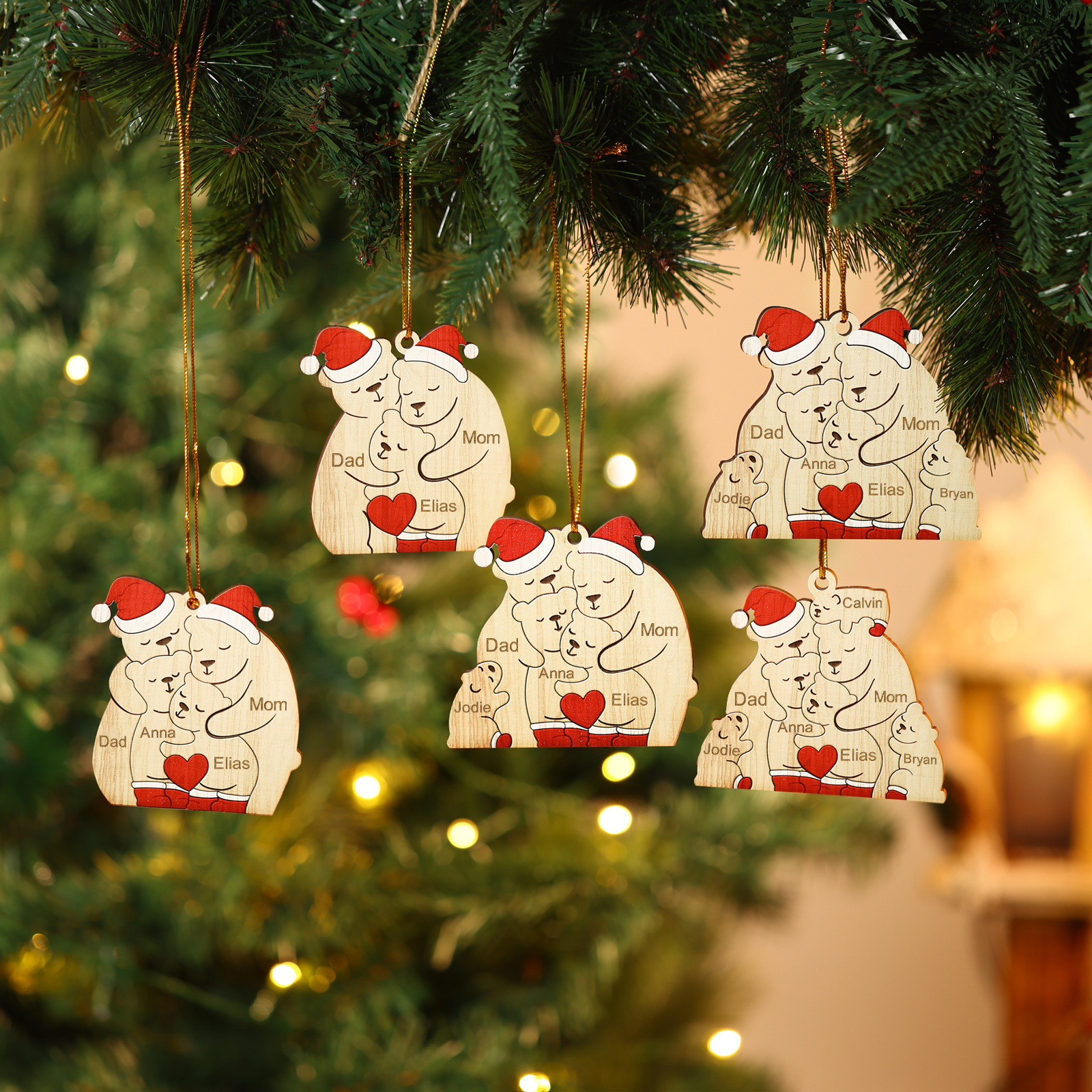 Personalised Wooden Bear Family Ornament with Custom 4 Names Heartwarming Christmas Gift-Jessemade AU