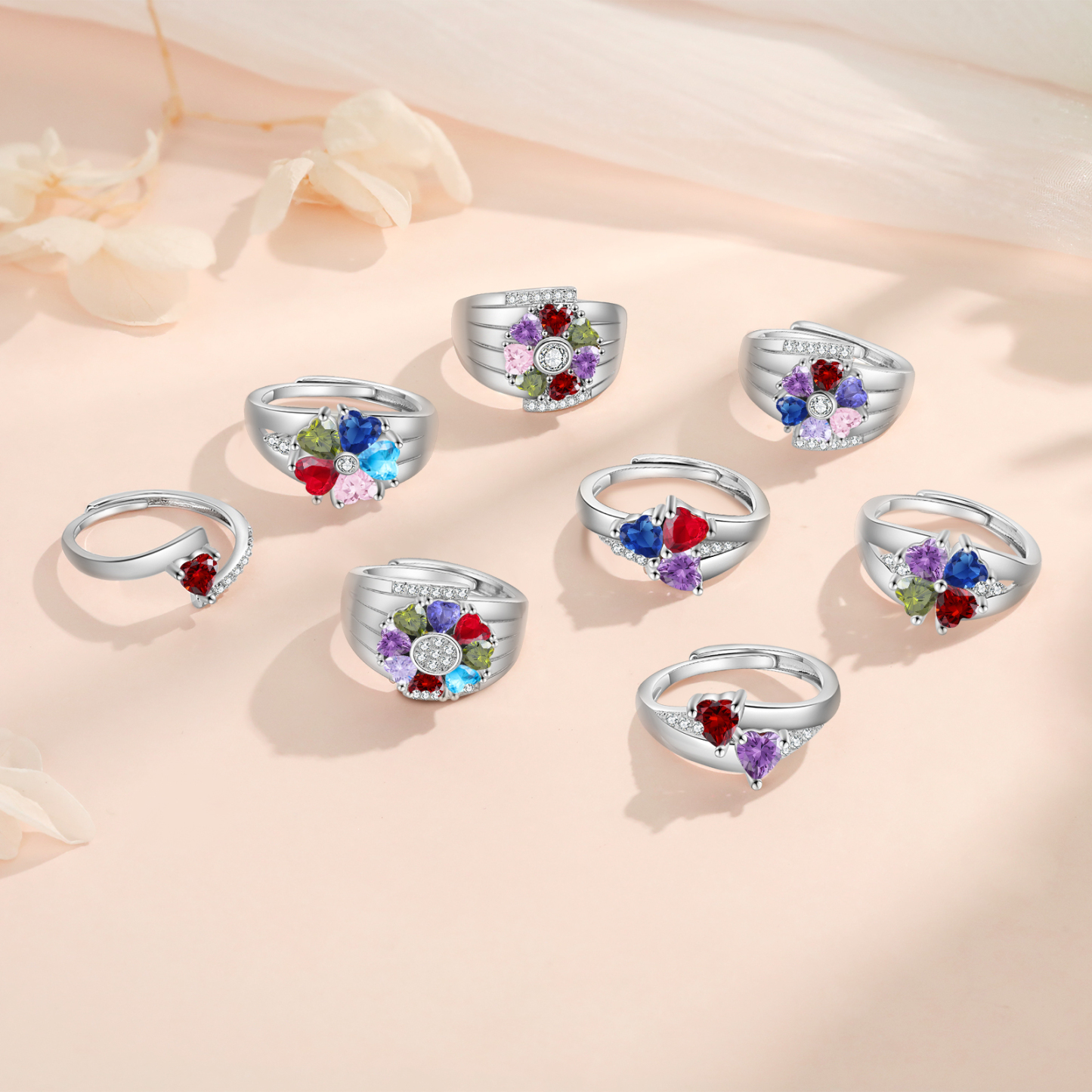 Personalised Open Ring with Custom 2 Birthstones Elegant Valentines Day Gift for Her