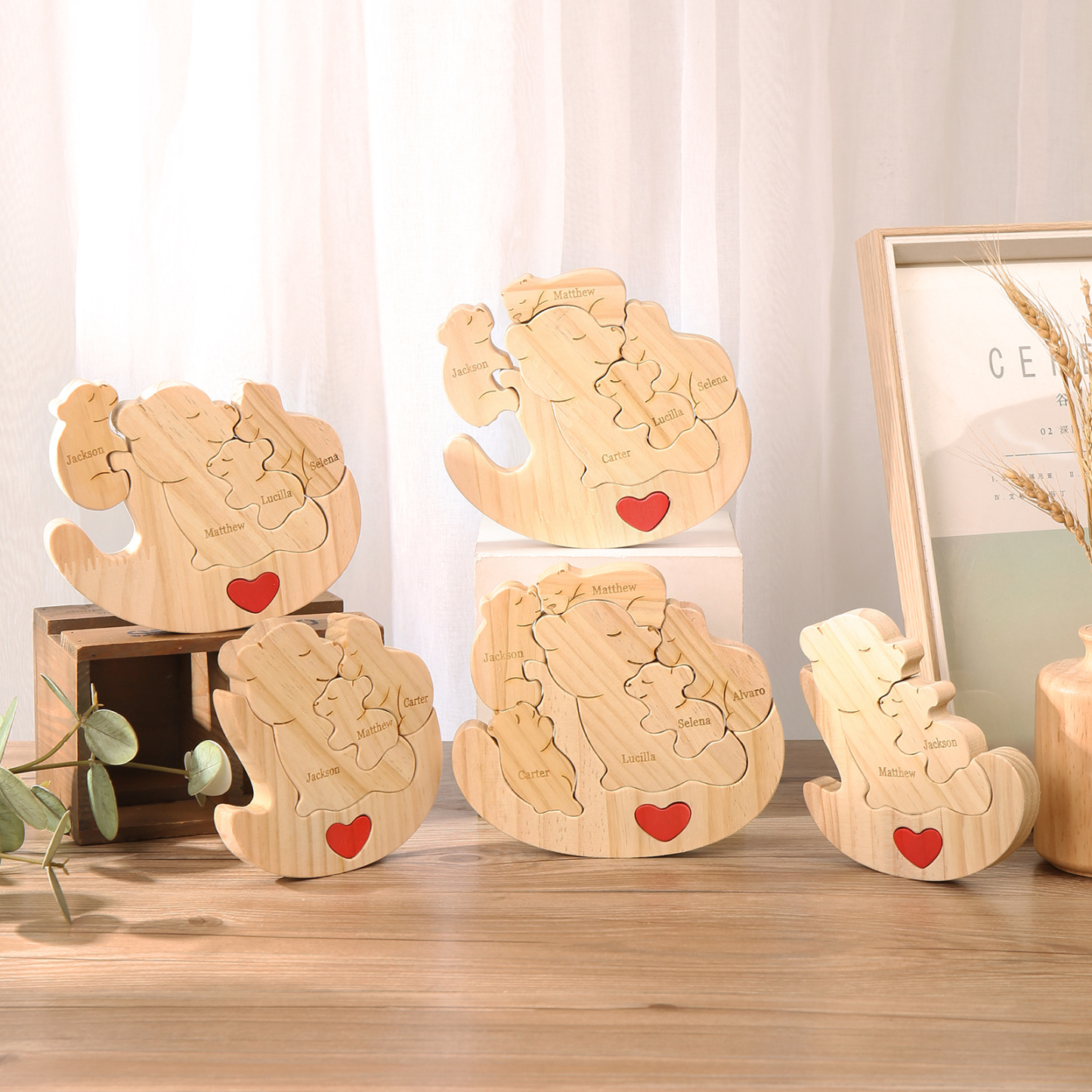 Personalised Wooden Bear Family Puzzles Custom 3 Names Animal Heart Ornaments Fathers Day Gifts-Jessemade AU