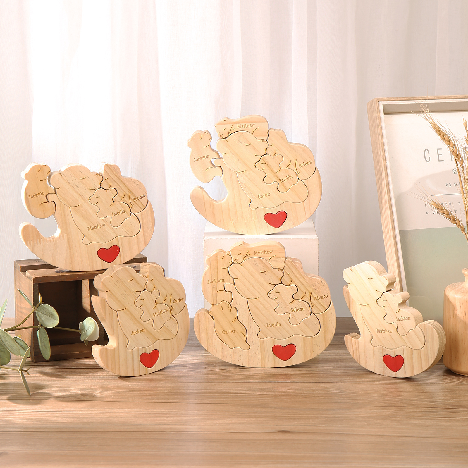 Personalised Wooden Bear Family Puzzles Custom 3 Names Animal Heart Ornaments Fathers Day Gifts-Jessemade AU
