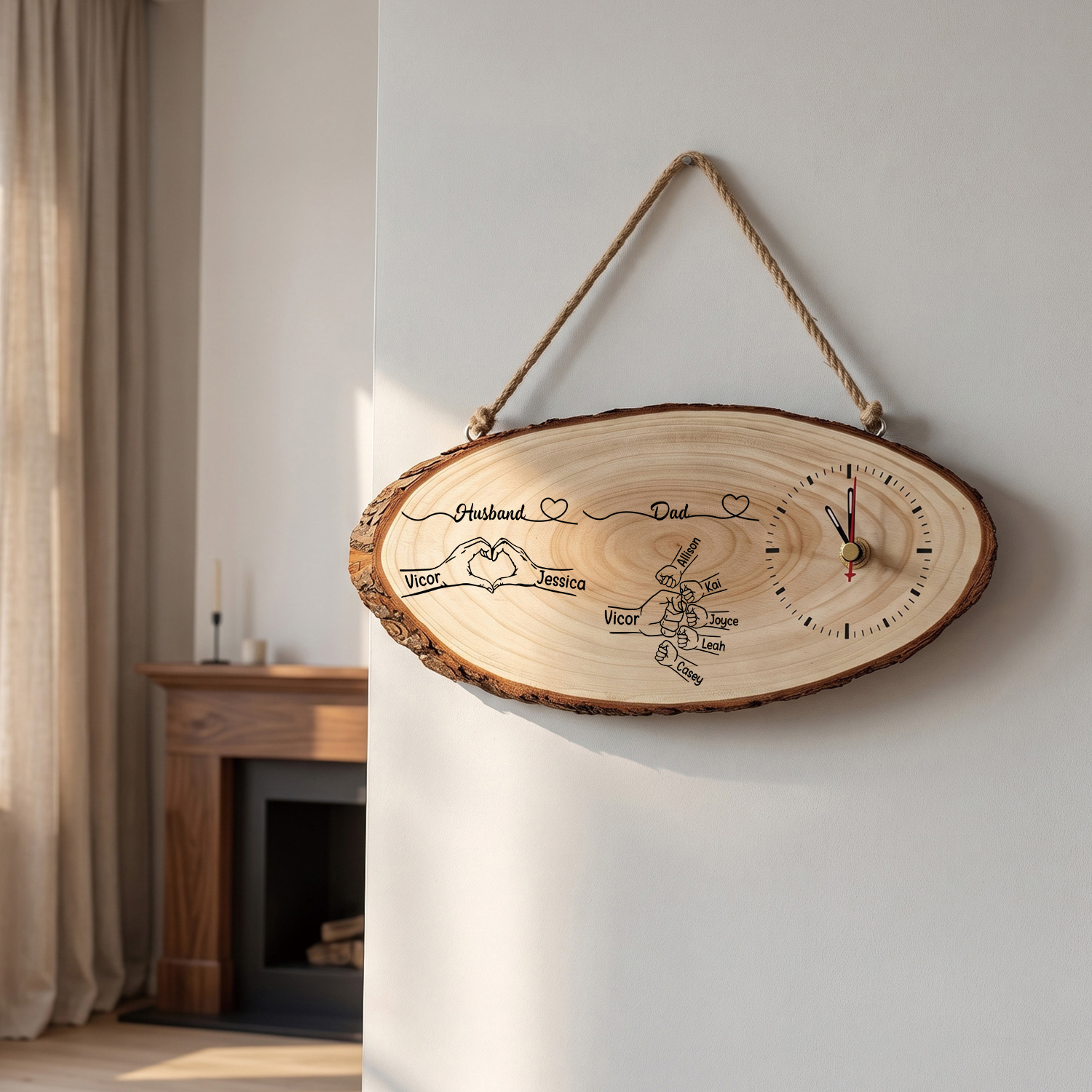 Personalised Wooden Clock with 1 to 8 Children’s Names and Fist Design – Family Gift for Dad or Husband
