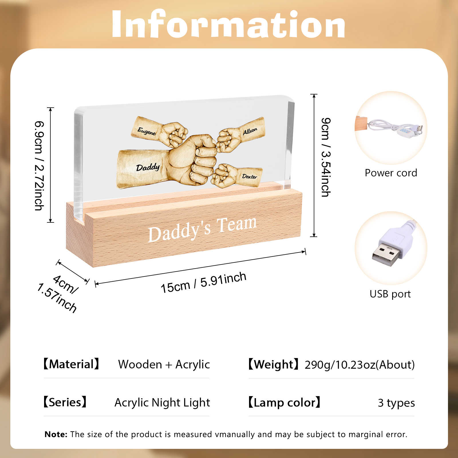 4 Names -  Personalised Name & Text Acrylic Night Light Custom Fist Bump LED Lamp Fathers Day Gifts-Jessemade AU