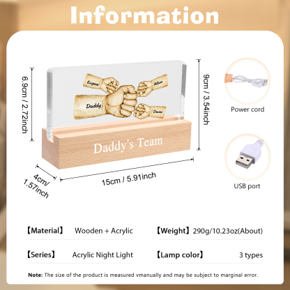 4 Names -  Personalised Name & Text Acrylic Night Light Custom Fist Bump LED Lamp Fathers Day Gifts-Jessemade AU
