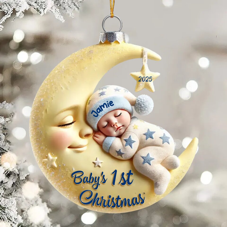 Acrylic Christmas Tree Decoration - Baby on the Moon - Baby's First Christmas