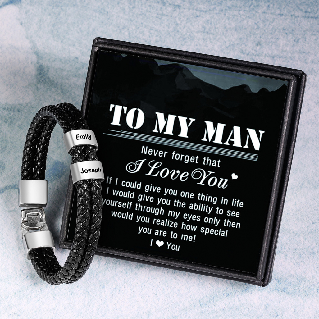 Men Leather Bracelet with Beads Engraved 2 Names Two Layers Bracelet Gifts For Him Valentine Gift