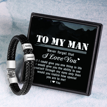 Men Leather Bracelet with Beads Engraved 2 Names Two Layers Bracelet Gifts For Him Valentine Gift
