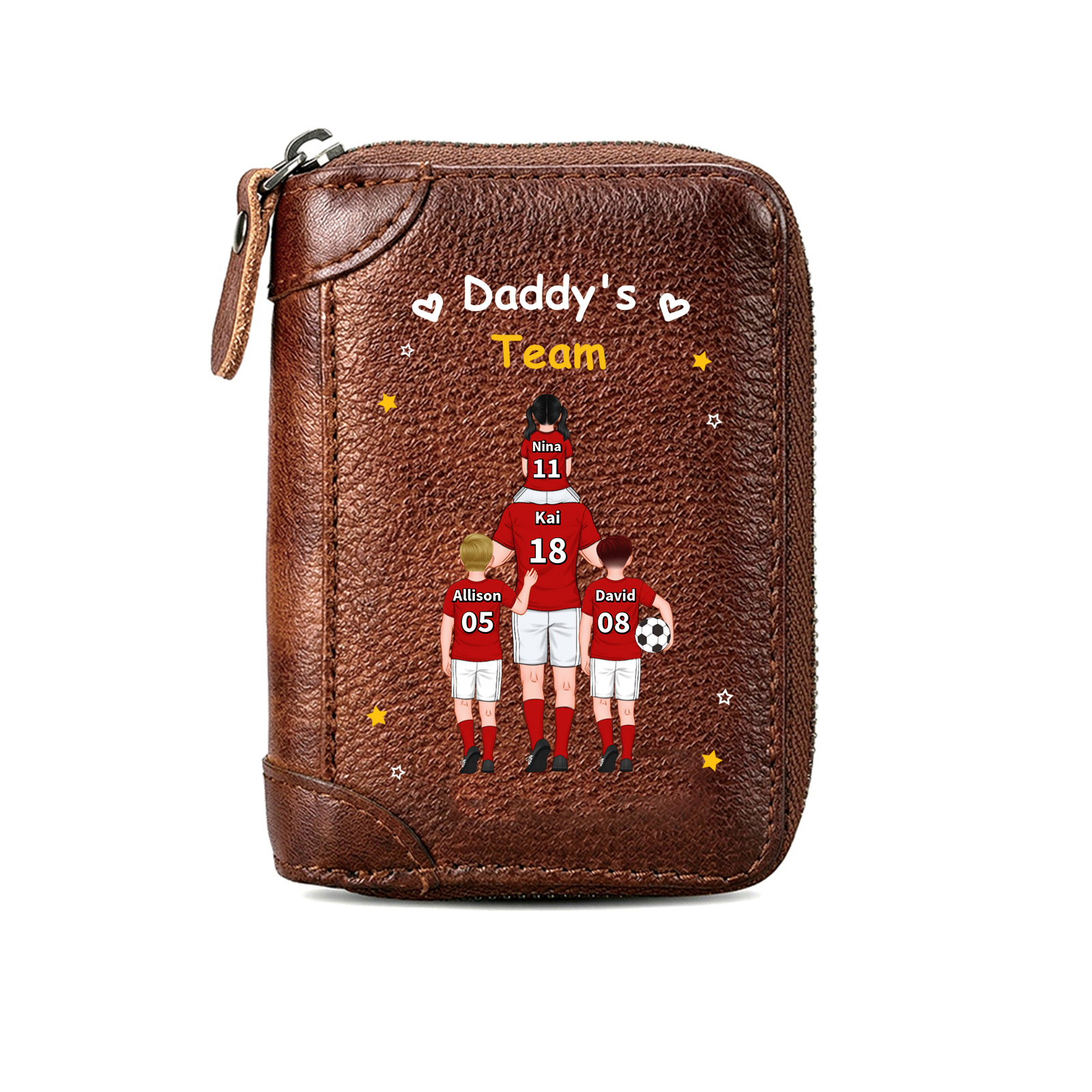 Personalised Genuine Leather Zip Card Holder Wallet with 2–6 Names for Dad