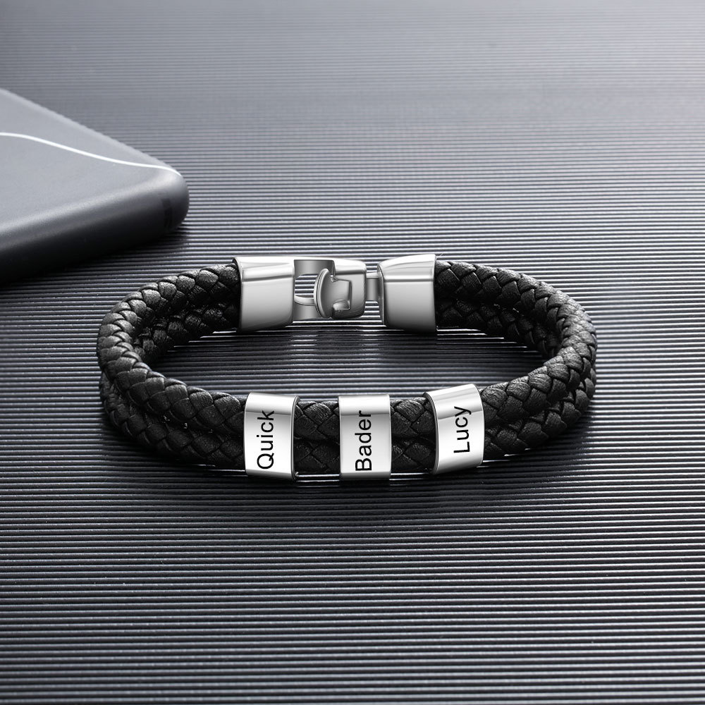 3 Names -Personalised Braided Leather Bracelet Engraved Men's Bracelet for Him