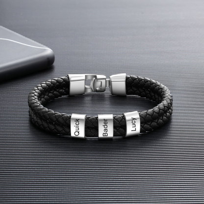 3 Names -Personalised Braided Leather Bracelet Engraved Men's Bracelet for Him