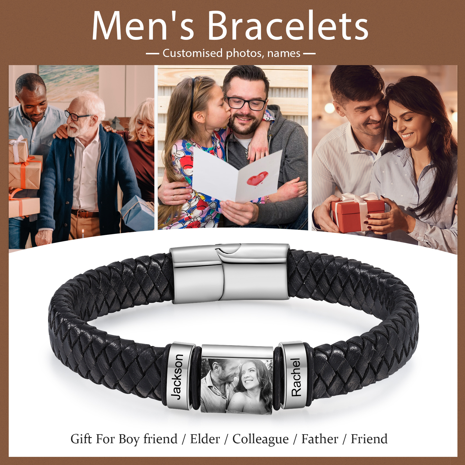 2 Names-Vintage Men's Bracelet Engraved Beads Leather Bracelet Gift for Father's Day