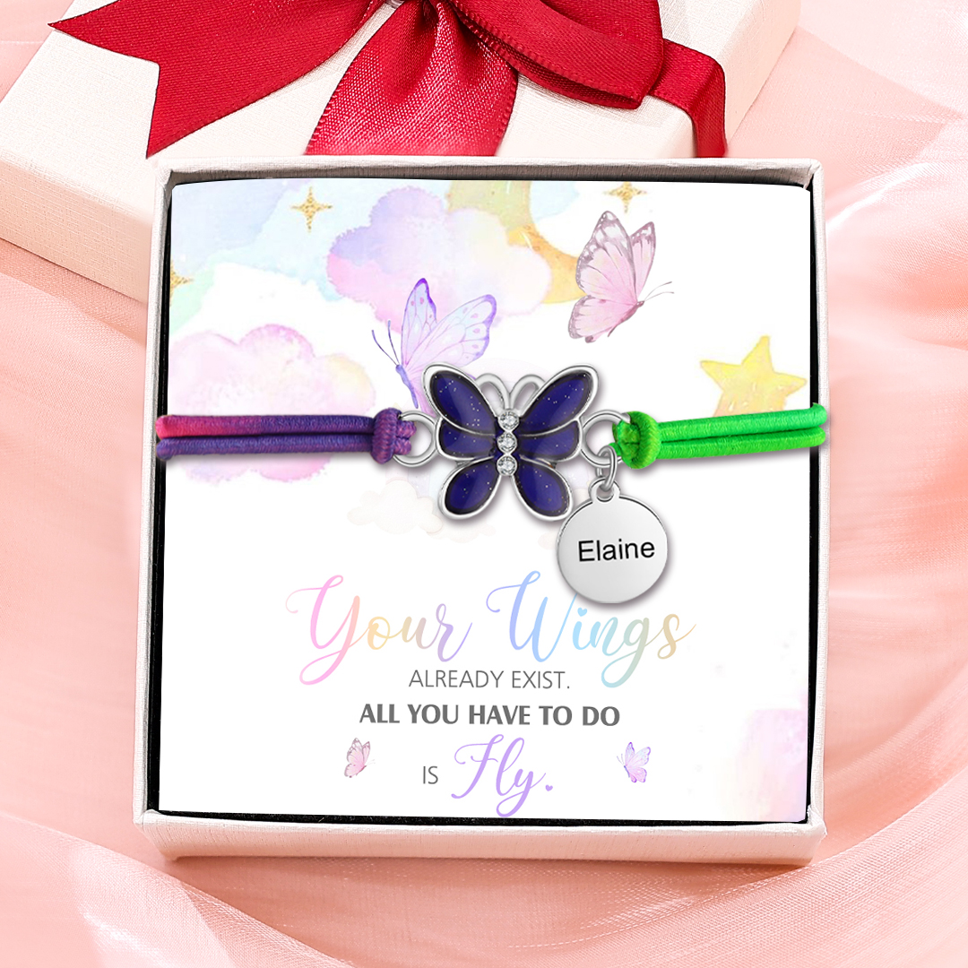 2 Pcs Bracelet Set Custom Names Butterfly Charm Hair Ties Back To School Gift for Daughter - Your Wings Already Exist