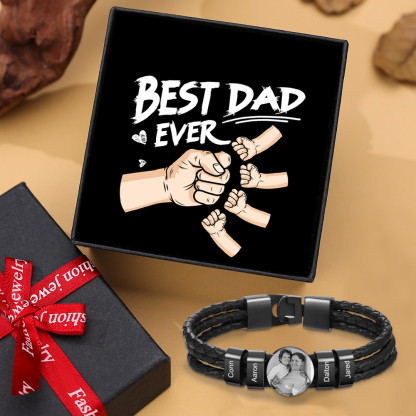 Personalised Men's Leather Bracelet Custom 4 Names & 1 Photo Braided Bracelet Father's Day Gifts for Him-Jessemade AU