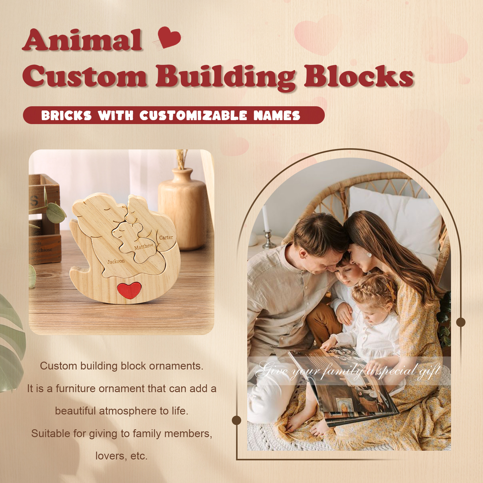 Personalised Wooden Bear Family Puzzles Custom 3 Names Animal Heart Ornaments Fathers Day Gifts-Jessemade AU