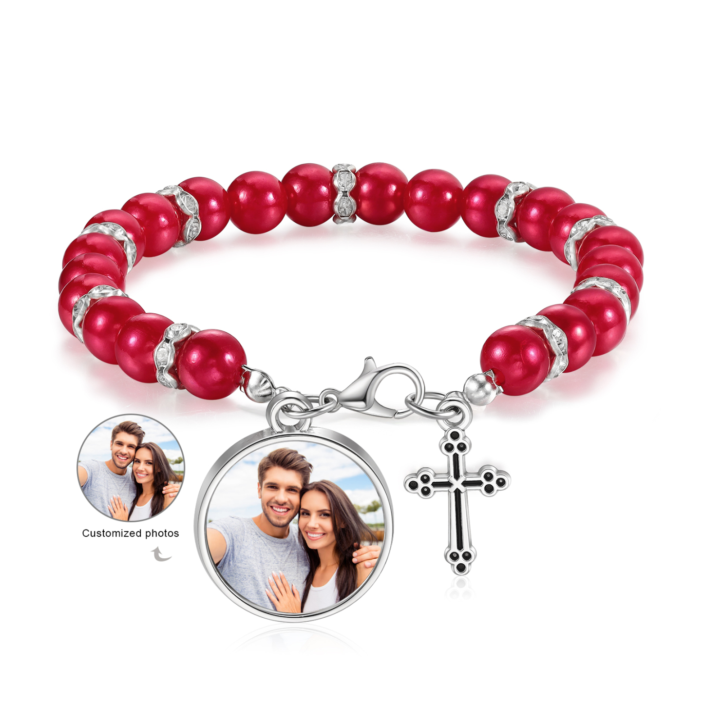 Personalised Rosary Memorial Bracelet Custom with Photo and Cross Pendant