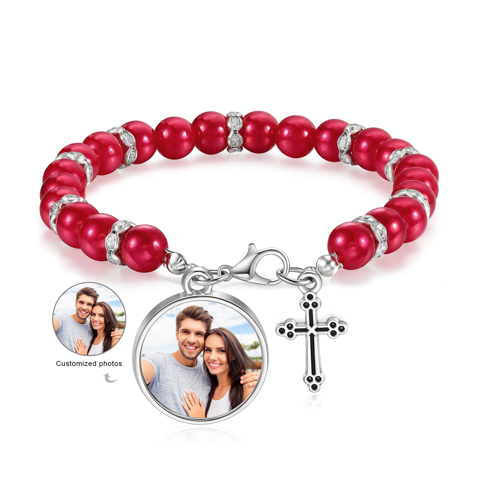 Personalised Rosary Memorial Bracelet Custom with Photo and Cross Pendant