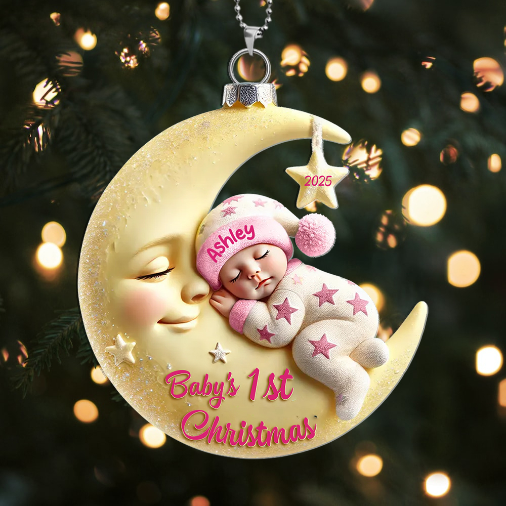 Acrylic Christmas Tree Decoration - Baby on the Moon - Baby's First Christmas