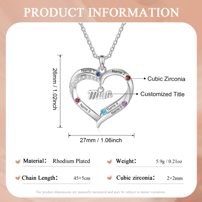 Personalised 2-5 Names Mum Nan Heart Necklace with Birthstones