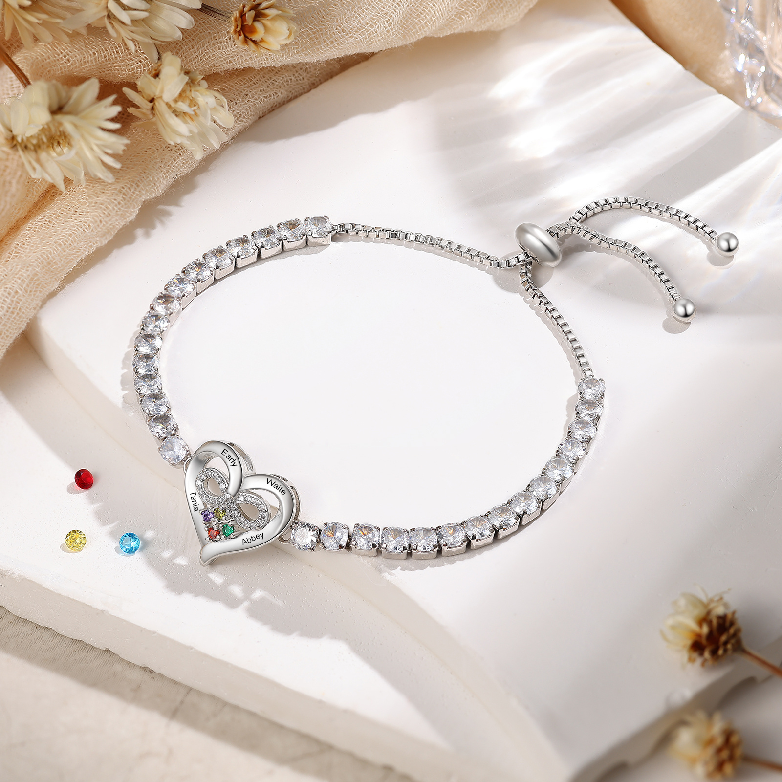 Personalised Birthstone Heart Tennis Infinity Loop Bracelet