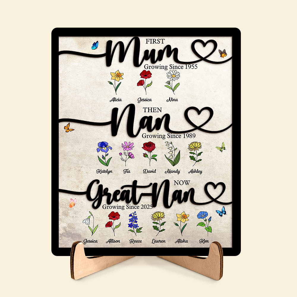 Personalised Wooden Plaque Mum Nan Great Nan Floral Family Sign