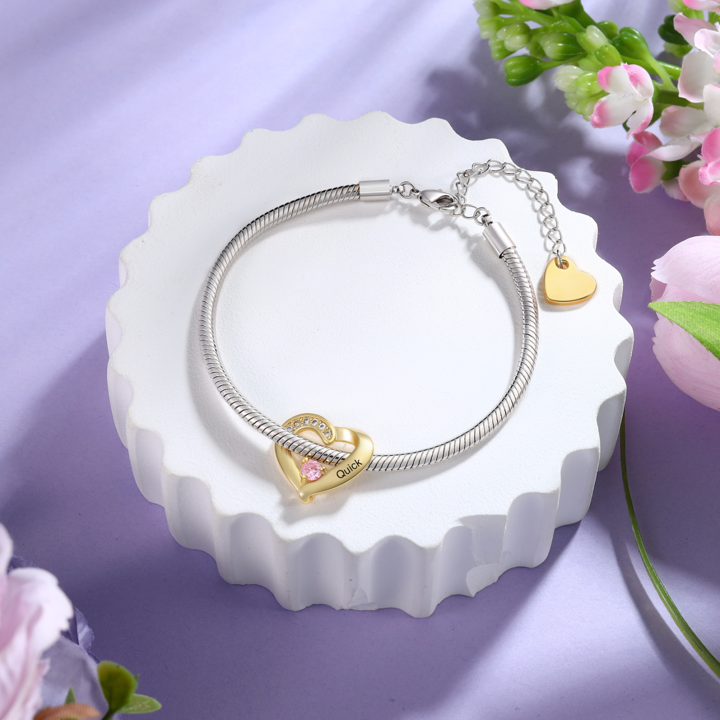 Personalised Bracelet with 1-5 Names and Birthstones Heart Bracelet for Women | Jessemade