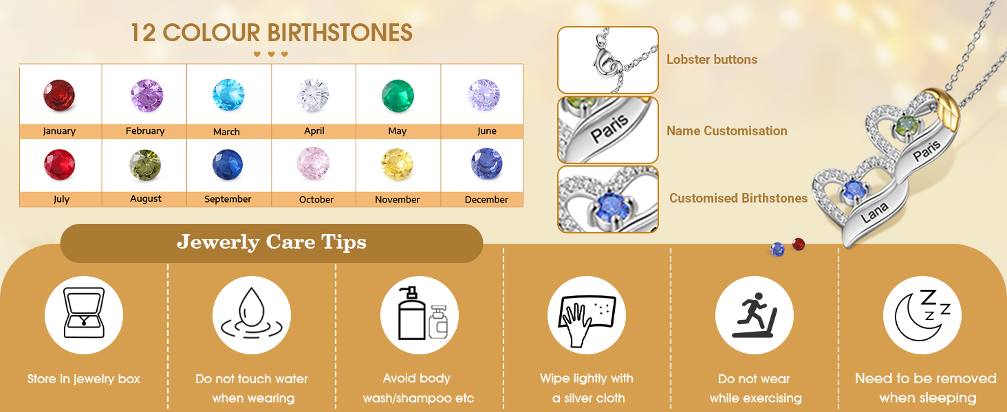 Personalised Heart Pendant Necklace Custom 2 Birthstones & 2 Names Birthday Women Necklace Gift for Her-Jessemade AU