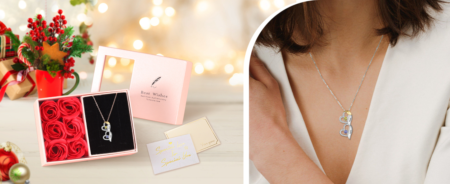 Personalised Heart Pendant Necklace Custom 2 Birthstones & 2 Names Birthday Women Necklace Gift for Her-Jessemade AU