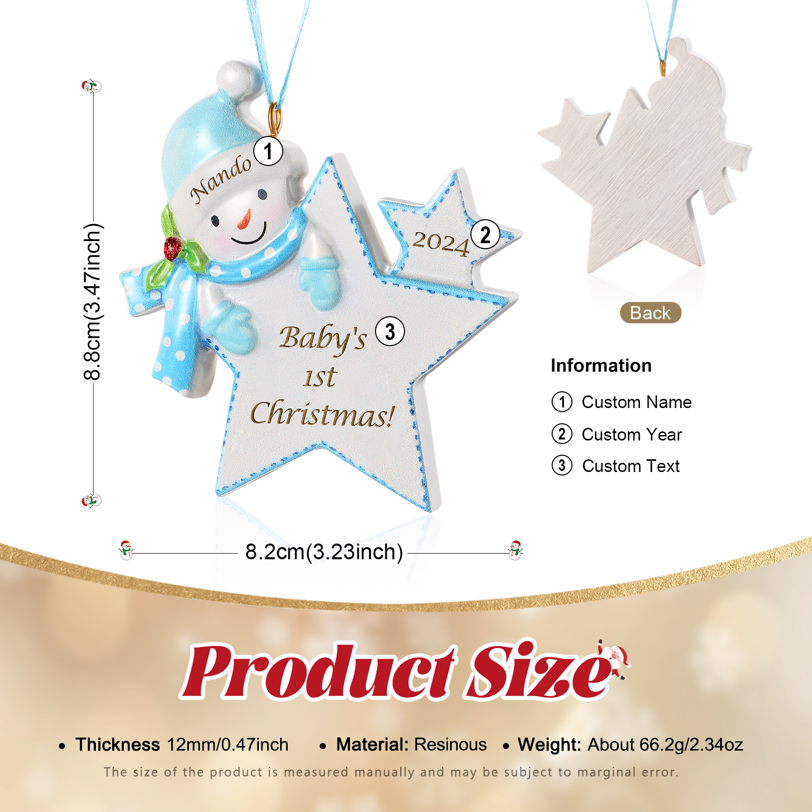 Personalised Star-shaped Christmas ornament with a Snowman motif – Baby's first Christmas, Christmas tree decoration