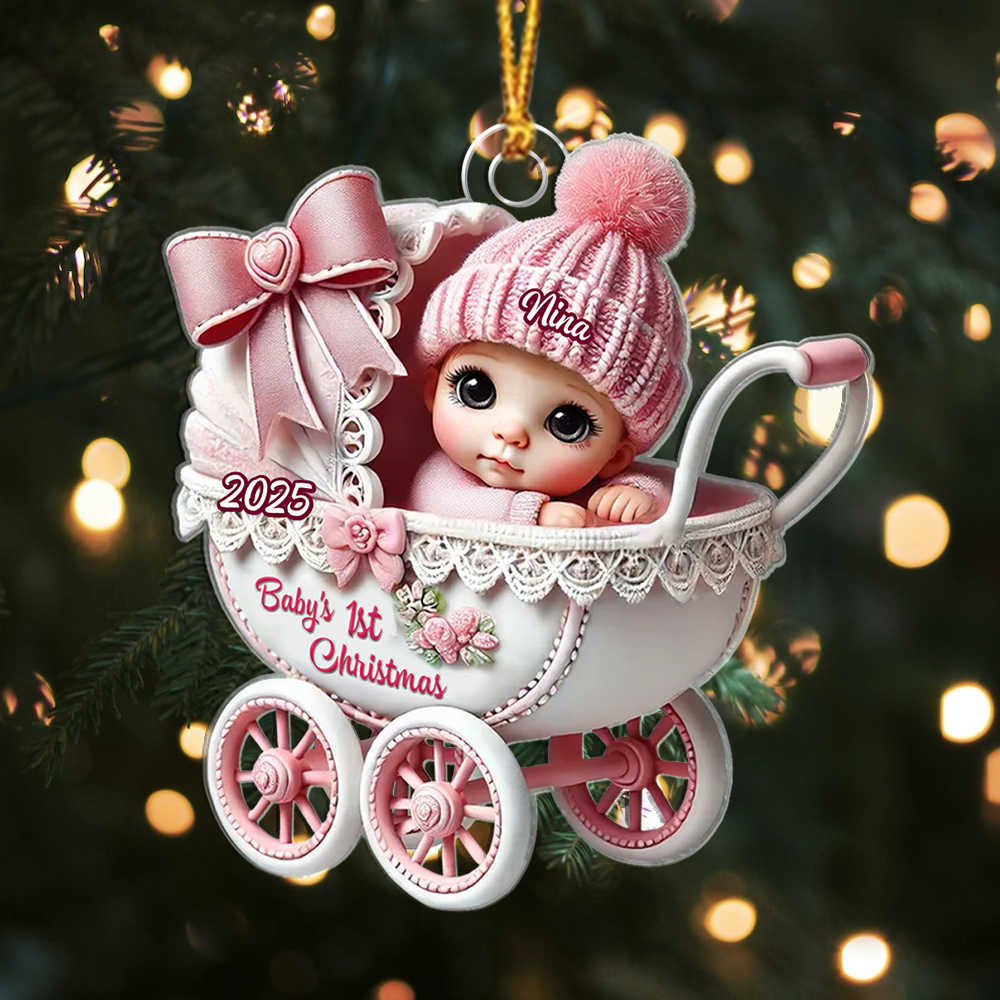 Personalised Pink Pram Baby's 1st Christmas Tree Decoration
