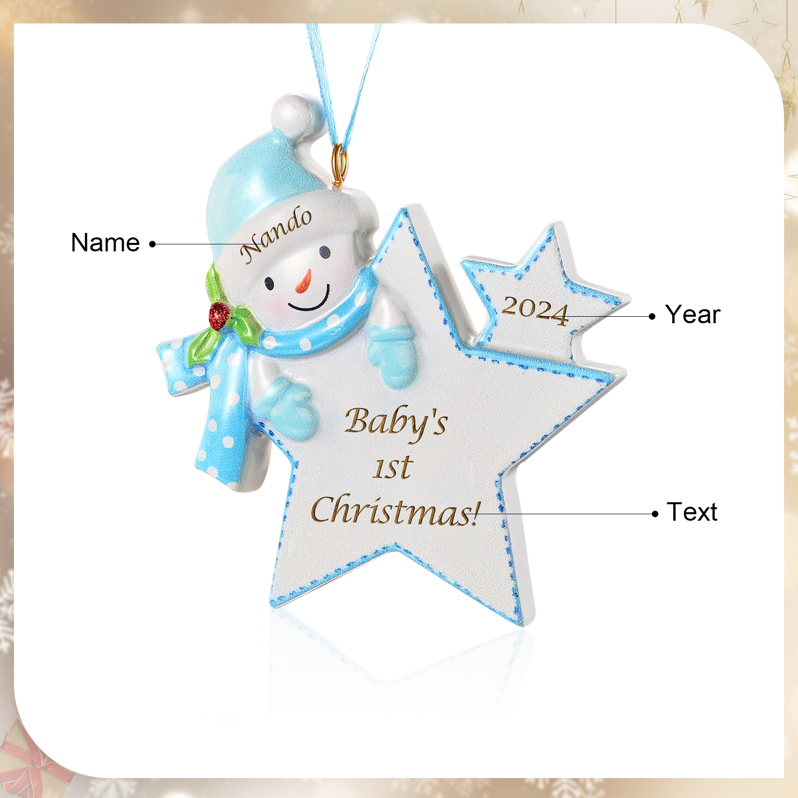 Personalised Star-shaped Christmas ornament with a Snowman motif – Baby's first Christmas, Christmas tree decoration
