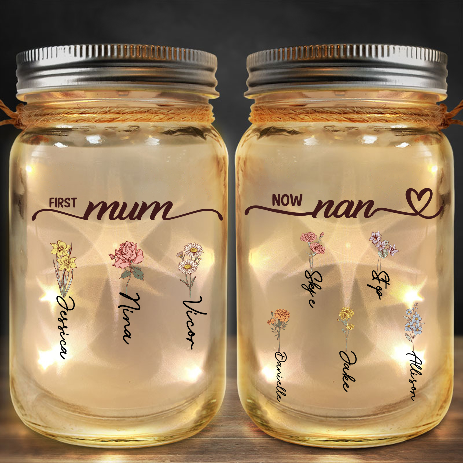 Personalised Light-Up Bottle, Solar Light Jar with 2 to 12 Birth Flowers – First Mum, Now Grandma