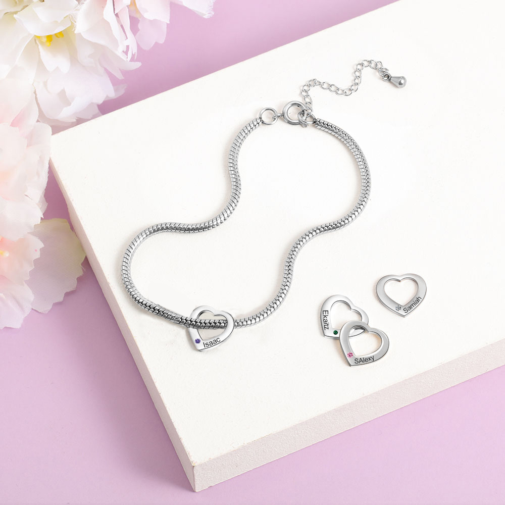 Personalised Anklet Engraved 1 Name and Birthstone Heart Shaped Charm Bracelet for Women | Jessemade