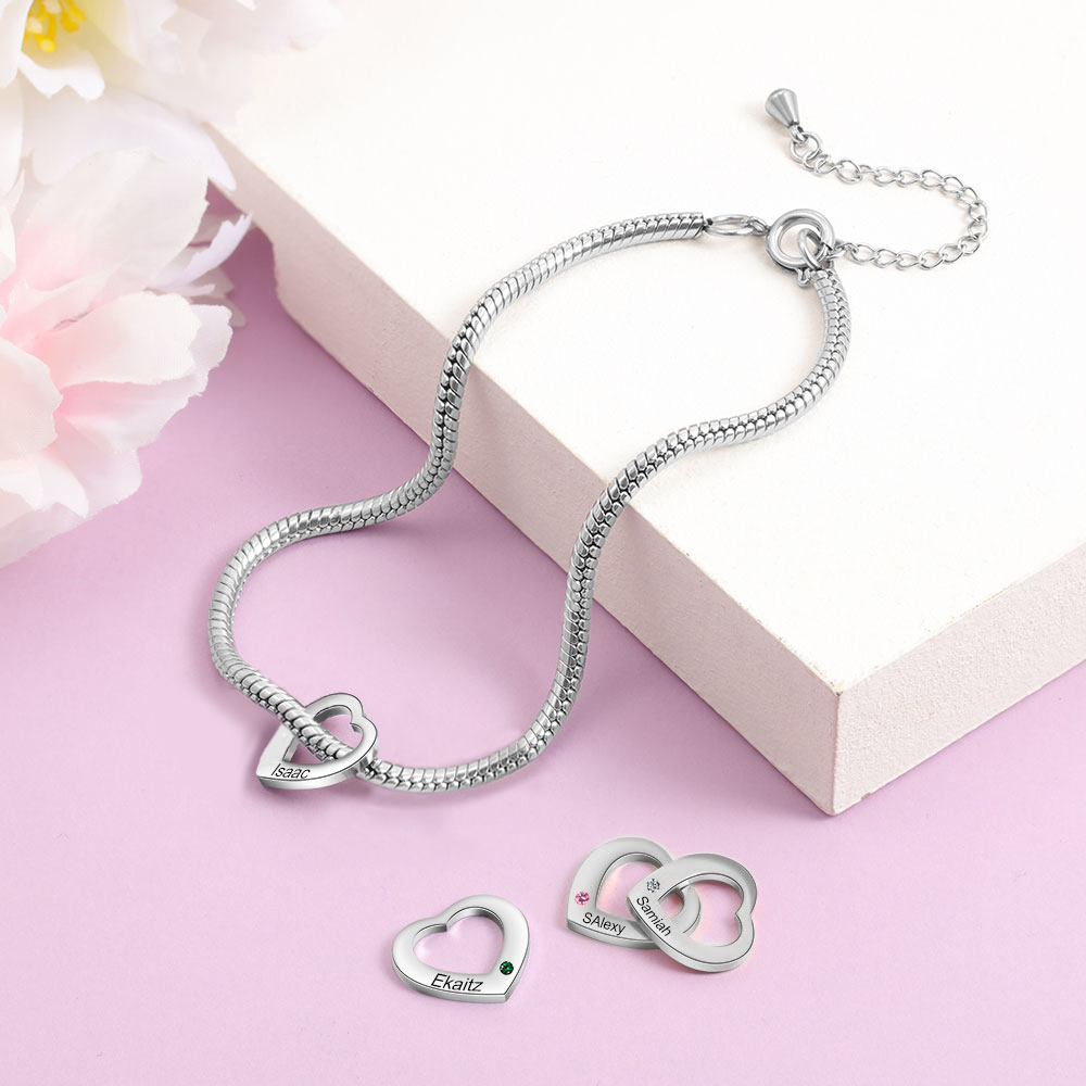 Personalised Anklet Engraved 1 Name and Birthstone Heart Shaped Charm Bracelet for Women | Jessemade