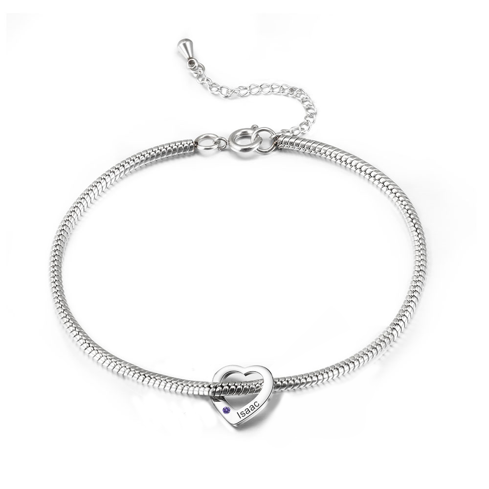 Personalised Anklet Engraved 1 Name and Birthstone Heart Shaped Charm Bracelet for Women | Jessemade