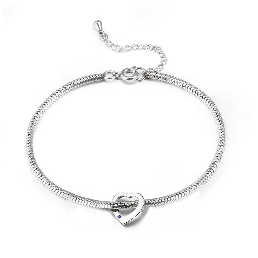 Personalised Anklet Engraved 1 Name and Birthstone Heart Shaped Charm Bracelet for Women | Jessemade