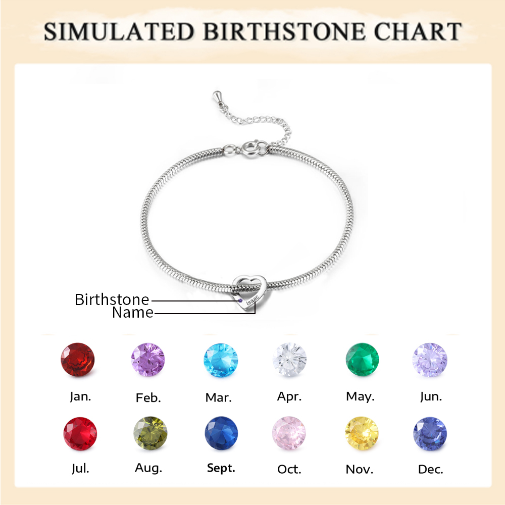 Personalised Anklet Engraved 1 Name and Birthstone Heart Shaped Charm Bracelet for Women | Jessemade