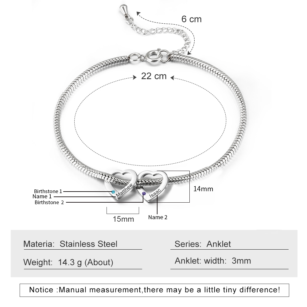 Personalised Anklet Engraved 2 Names and Birthstones Heart Shaped Charm Bracelet for Women | Jessemade